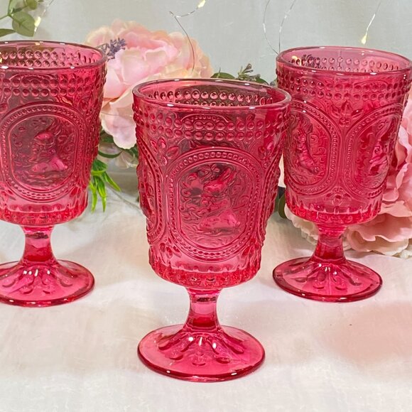 Easter Bunny Hobnail Victorian Footed Water/Wine Goblets Glasses Pink Set 4 - Picture 6 of 6